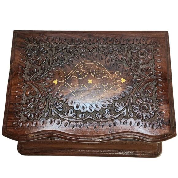 Handcarved Wood Jewlery Box Inlaid Ornate Floral Design - Picture 3 of 12